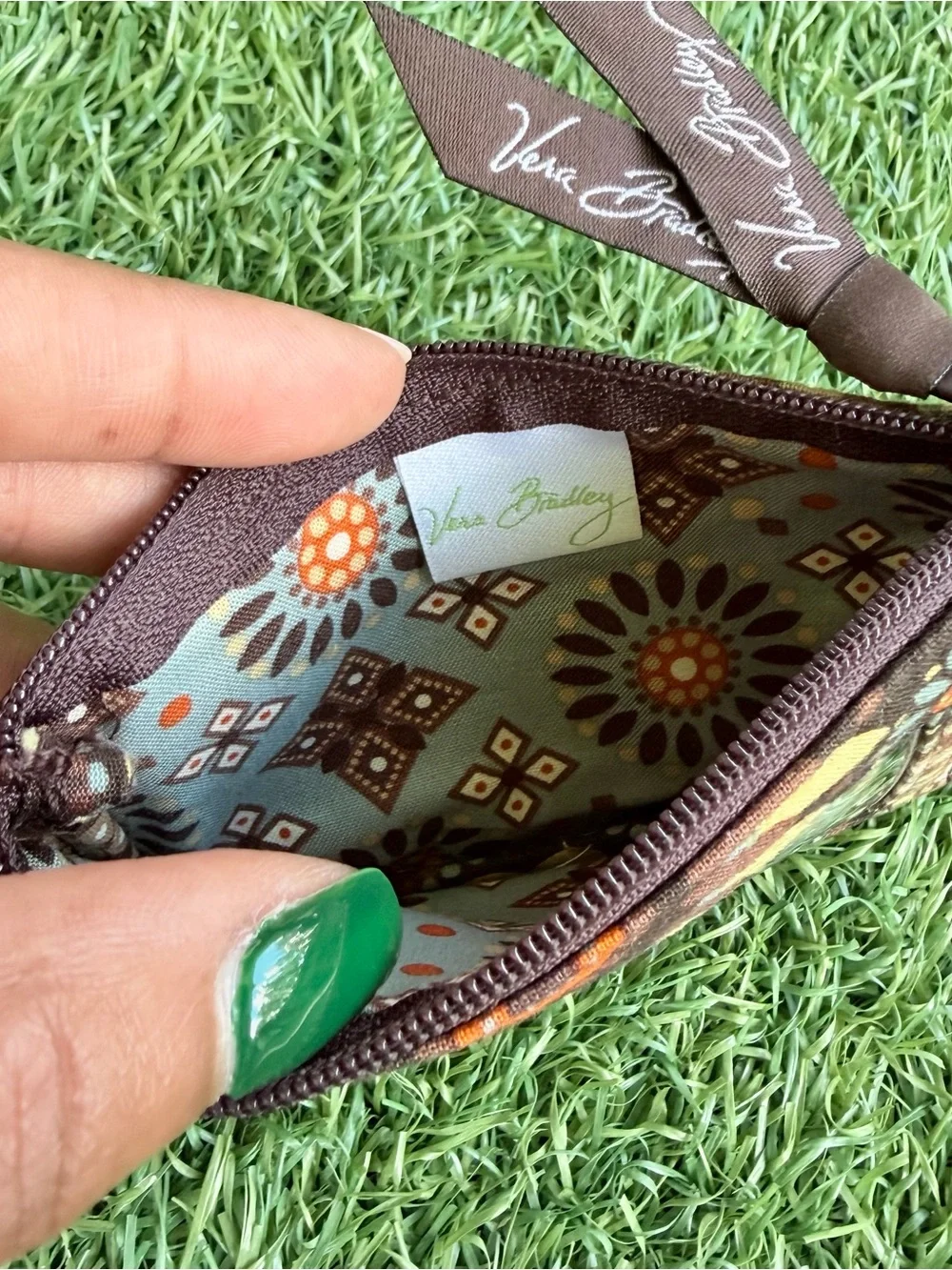 Vera Bradley Kensington Zip ID Case Coin Purse Keychain Brown Orange Retired